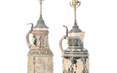 Pair of German Stoneware and Pewter Beer Stein Lamps