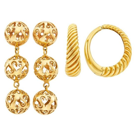 Pair of Gold Ball Pendant-Earclips and Pair of Gold