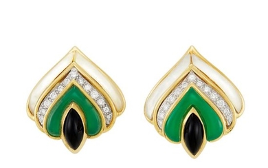 Pair of Gold, Mother-of-Pearl, Green and Black Onyx and Diamond Earclips