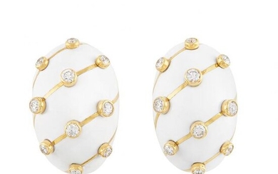 Pair of Gold, White Enamel and Diamond Earclips, Tiffany & Co., Schlumberger, France
