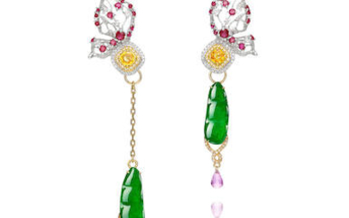 Pair of Jadeite, Gem-set, Coloured Diamond and Diamond Pendent Earrings