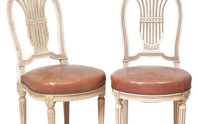 Pair of Louis XVI Style Creme Peinte Chairs, 19th c., arched backs with lyre splats, balloon leather