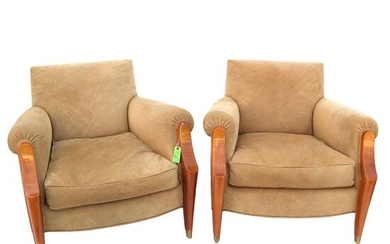 Pair of Modern Mahogany & Suede Arm Chairs
