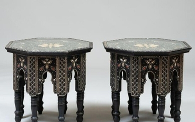Pair of Moroccan Ebonized and Bone Inlaid Octagonal Low