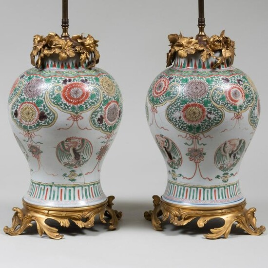 Pair of Ormolu-Mounted Chinese Wucai Porcelain Jars