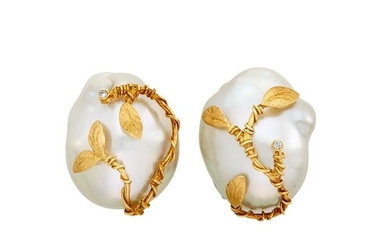 Pair of Silver-Gilt, Baroque Freshwater Pearl and Diamond Earclips