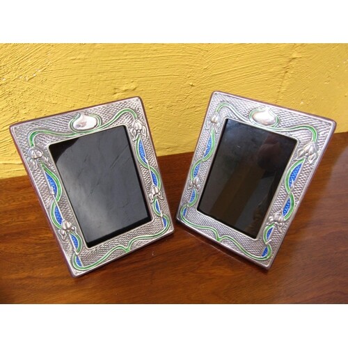 Pair of Solid Silver Enamel Decorated Rectangular Form Photo...
