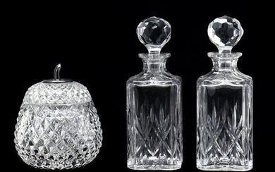 Pair of Tiffany Crystal Decanters and Silver Mounted Jar