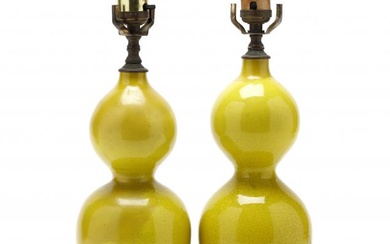 Pair of Vintage Chinese Bright Yellow Glazed Double Gourd Table Lamps