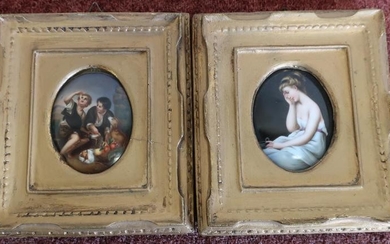 Pair of gilt framed oval porcelain miniatures, one depicting...