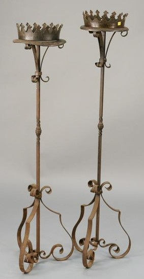 Pair of large iron floor candle prickets, crown form