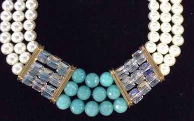 Pearl Crystal & Calcedony Statement Necklace