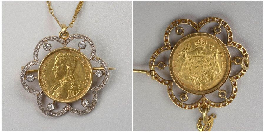 Pendant - 18 karat yellow gold and silver brooch set with antique cut diamonds for a total of +/-0.30 carat and rose cut and a 20 Francs yellow gold 900/1000th coin bearing the effigy of Albert 1st "King of the Belgians" dated 1914. One joins to it...