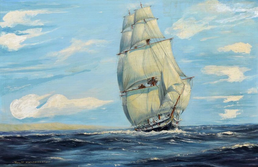 § Philip Marchington (British 1934-) A clipper at full sail off a headland