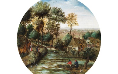 Pieter Brueghel d. J., um 1564 Brüssel – 1637/38 Antwerpen, DöRFLICHE LANDSCHAFT AM BACH MIT ANGLER