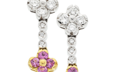 Pink Sapphire, Diamond, Gold Earrings Stones: Full-cut diamonds weighing...