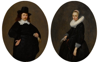 Portraits of a gentleman and a lady, three-quarter-length, each holding a glove, he in a black jacket and a black hat, she in a black dress with a white ruff collar and a head-dress , Gerard ter Borch