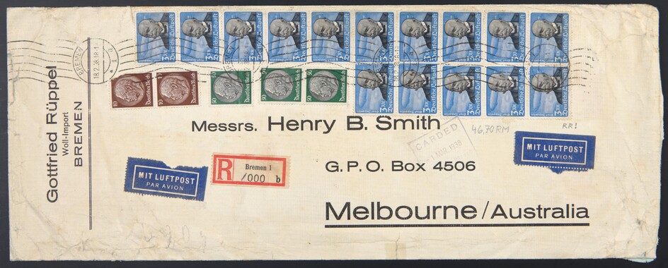 Poststück - D.Reich 1938 Mi. Nr. 539 (15) mit Zufrankatur auf rekommandiertem Flugpostbrief von Bremen nach Melbourne