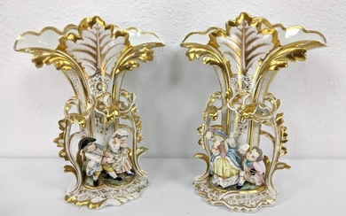 Pr Old Paris Porcelain Figural Vases. Flared form with