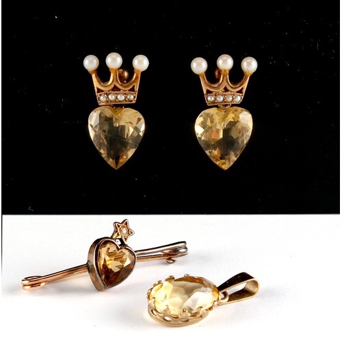 Property of a lady - a pair of 9ct yellow gold heart shaped ...