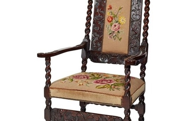 QUEEN ANNE STYLE CARVED AND STAINED OAK NEEDLEWORK