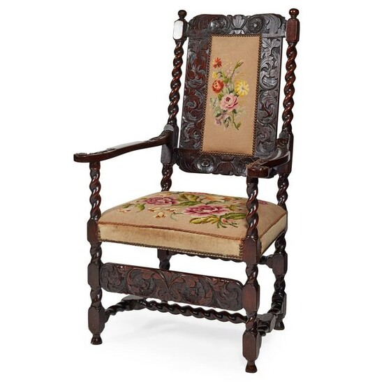 QUEEN ANNE STYLE CARVED AND STAINED OAK NEEDLEWORK