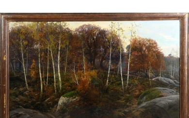 QUINTON Clément. (1851-1920). « Le soir qui tombe en forêt de Fontainebleau ». Toile signée...