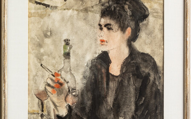 RICHARD JERZY (AMERICAN, 1943–2001) WATERCOLOR ON WOVE PAPER, H 25" W 18.5" (IMAGE) PORTRAIT OF A WOMAN WITH A CIGARETTE