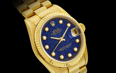 ROLEX. AN 18K GOLD AND DIAMOND-SET AUTOMATIC WRISTWATCH WITH SWEEP CENTRE SECONDS, DATE, BRACELET AND LAPIS LAZULI DIAL DATEJUST MODEL, REF. 68278