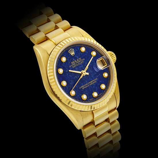 ROLEX. AN 18K GOLD AND DIAMOND-SET AUTOMATIC WRISTWATCH WITH SWEEP CENTRE SECONDS, DATE, BRACELET AND LAPIS LAZULI DIAL DATEJUST MODEL, REF. 68278