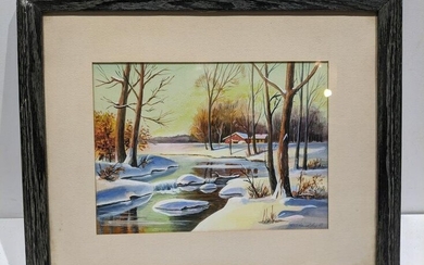 Ralph Hartley Pond in Snow Watercolor Painting