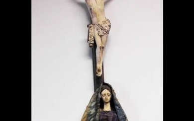 Rare Christ in crucifix with Mary Magdalene - 80cm - 31 inches - Wood - 19th century