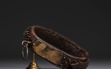Rare leather dog collar, steel studs, brass nameplate, 19th century.