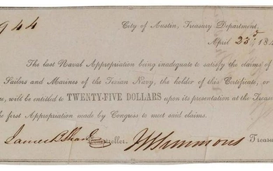 Republic of Texas Navy Issue Treasury Bond for J.W. Harvey, 2nd Master of the Flagship "Austin"