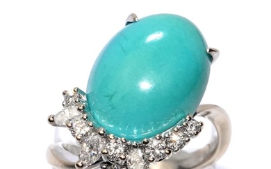 Ring - 18 kt. White gold - 7.85 tw. Turquoise - Diamond