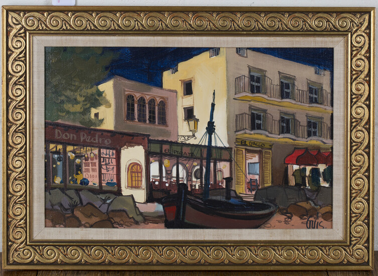 Robert Guis - View of a Street in Torremolinos, 20th century oil on canvas, signed recto, label vers