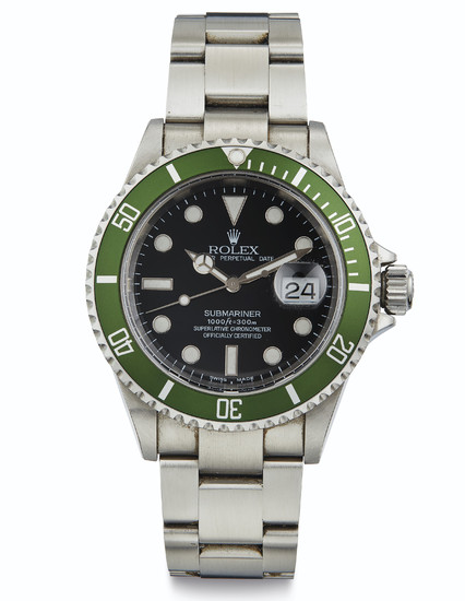 Rolex. A Fine Stainless Steel Automatic Wristwatch with Date, Center Seconds and Bracelet, SIGNED ROLEX, OYSTER PERPETUAL DATE, SUBMARINER, 1000FT=300M, REF. 16610V, CASE NO. F090324, CIRCA 2003