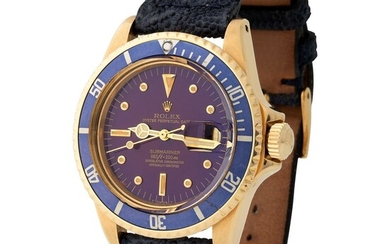 Rolex. Attractive and Charming Submariner Automatic Wristwatch in Yellow Gold, Reference 1680, with Tropical Purple Dial
