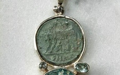 Roman Coin & Glass Pendant w/ Aquamarine Stones