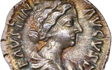Roman Empire - AR Denarius, Faustina II (Augusta, AD 147-175) Rome - CERES / Ceres, veiled, seated left on cista