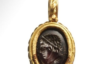 Roman Gold Pendant with Garnet Intaglio, Head of