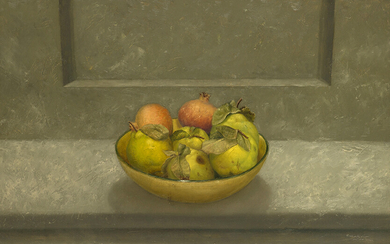 SEBASTIÁN NICOLAU (Valencia 1956) "Quinces and pomegranates". 1987 Oil on board Signed and dated 1987 Measurements: 48 x 77 cm Previous source: -Leandro Navarro Gallery, Madrid 1987 Exit: 1000uros. (166.386 Ptas.)