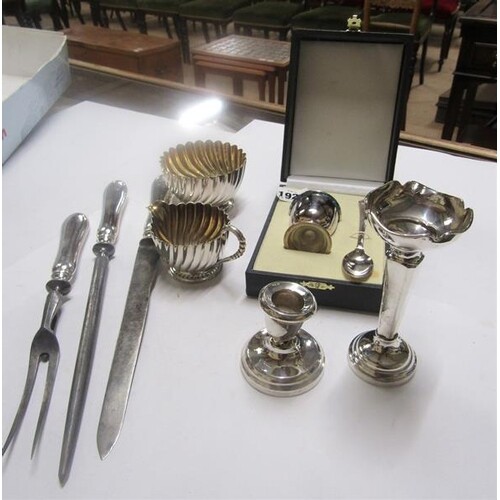 SILVER HANDLED 3 PIECE CARVING SET, PLATED SUGAR BOWL AND CR...