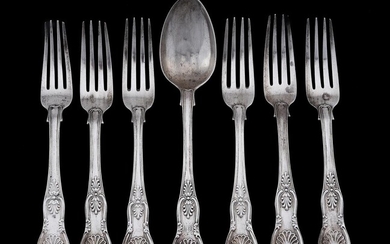 SIX SILVER KINGS PATTERN TABLE FORKS AND A KING'S PATTERN TABLE SPOON, VARIOUS LONDON MAKERS