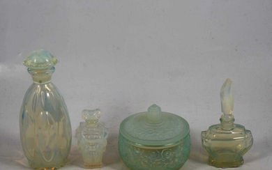 Sabino opalescent glass powder pot with lid, and three scent bottles.