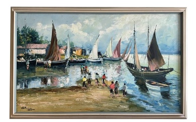Sailboats in Bay Oil Painting - Seascape