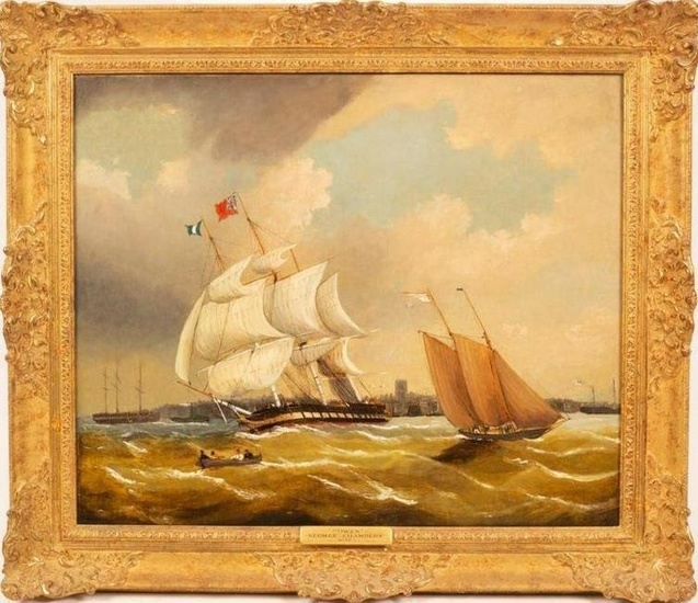 Sailing off Cowes Fine 1820's English Marine Oil Painting Shipping in Choppy Sea