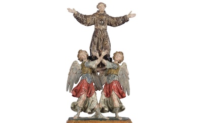 Saint François d'Assise avec deux anges XVIIe siècle Haute Italie/Tyrol du Sud Bois sculpté et...