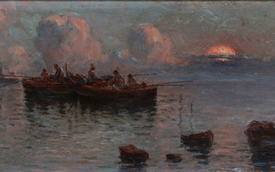 Scuola del secolo XIX Boats at sunset