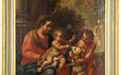 Scuola emiliana del secolo XVIII "Madonna con Bambino e San Giovannino" olio su tela (cm 60x40) in cornice (difetti)